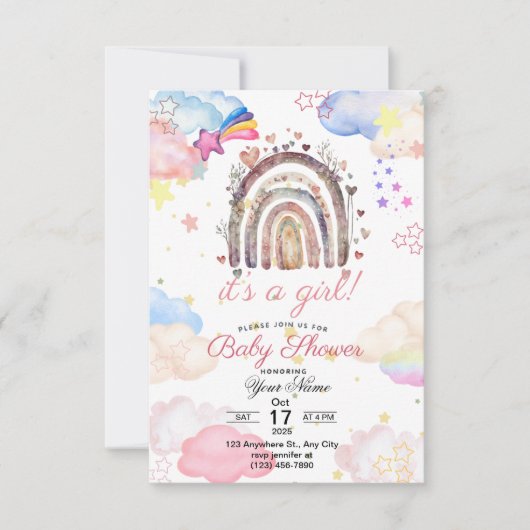 赤ちゃん女の子のためのラティンボウ赤ちゃんシャワー招待 招待状 (正面)