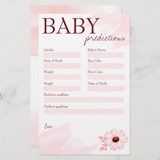 赤ちゃん女の子のための赤ちゃんシャワー予測ゲームピンク 便箋 (正面/裏面)