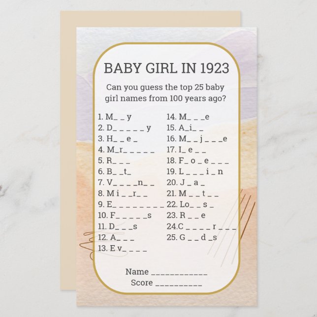 赤ちゃん女の子の名前ベビーシャワ空白のーゲームに記入 (正面/裏面)