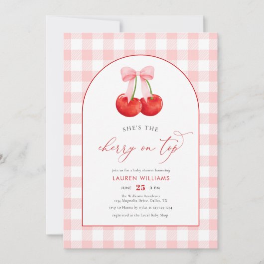 赤ちゃん女の子シャワーの上に赤ピンクのコケットチェリー 招待状 (正面)