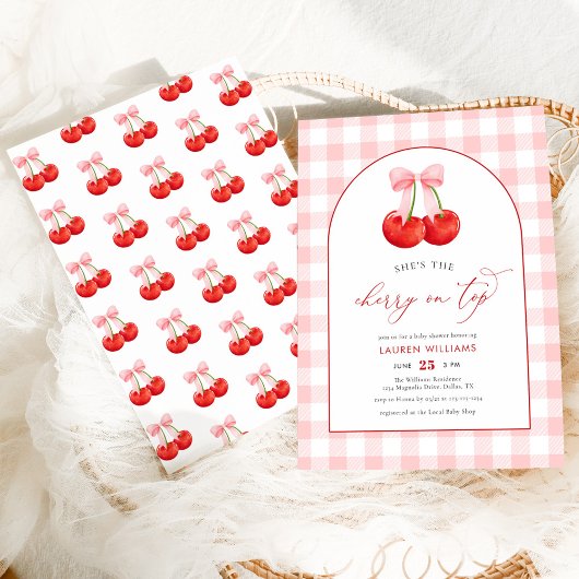 赤ちゃん女の子シャワーの上に赤ピンクのコケットチェリー 招待状
