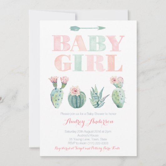 赤ちゃん女の子シャワーまたは砂漠のサボテンを振りかける 招待状 (正面)