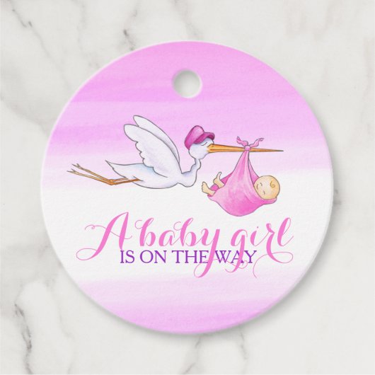 赤ちゃん女の子シャワーストークピンクの水の色あ感謝していなたをシャワー フェイバータグ (正面)