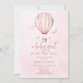 赤ちゃん女の子ピンクのホットエアバルーン赤ちゃんシャワー 招待状 (正面)
