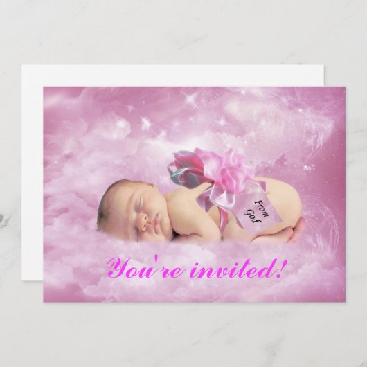 赤ちゃん女の子ピンクの雲のファンタジーシャワーの招待 招待状 (正面/裏面)