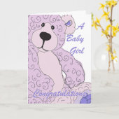 赤ちゃん女の子、お祝いのテディベア（ピンク） カード (黄色い花)