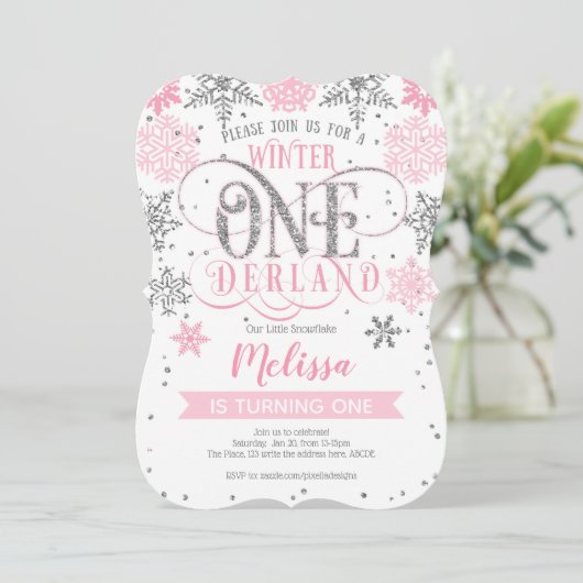 赤ちゃん女の子、ウィンター・オンダーランド1歳の誕生日 招待状 (スタンド正面)