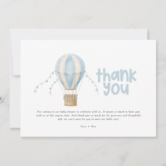 赤ちゃん感謝していのシャワー青い熱気球 招待状 (正面)