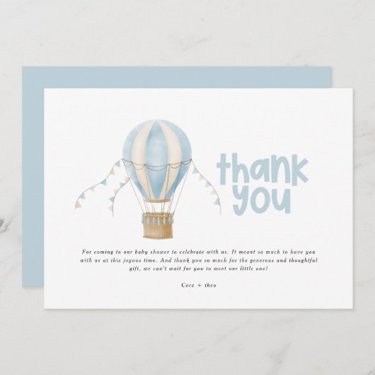 赤ちゃん感謝していのシャワー青い熱気球 招待状 (正面/裏面)