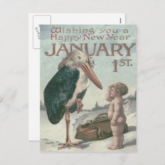 赤ちゃん新年を告げる天使の置物 シーズンポストカード (正面/裏面)