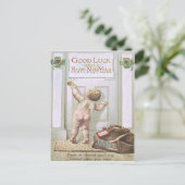 赤ちゃん新年天使のわらべ絵 四葉のクローバー シーズンポストカード (スタンド正面)