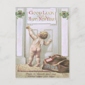 赤ちゃん新年天使のわらべ絵 四葉のクローバー シーズンポストカード (正面)