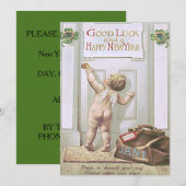 赤ちゃん新年 ケルブ 天使 四葉のクローバー 招待状 (正面/裏面)