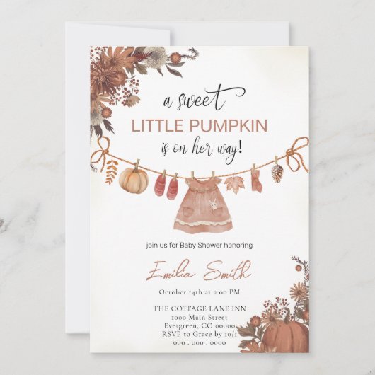 赤ちゃん服かぼちゃの女の子の赤ちゃんシャワー 招待状 (正面)
