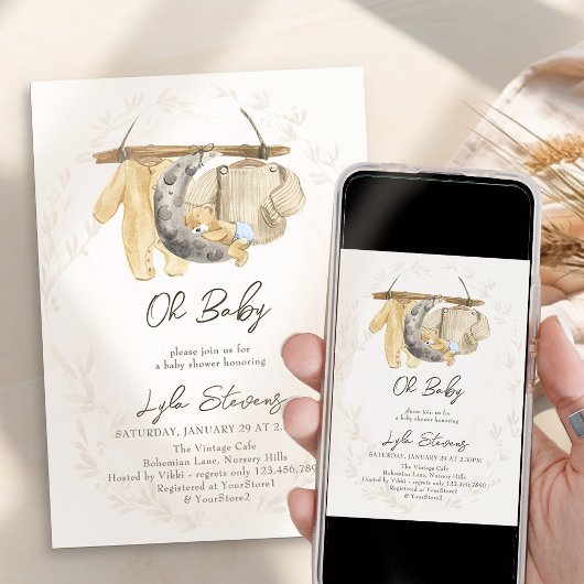 赤ちゃん服とテディベアニュートラルベビーシャワー 招待状