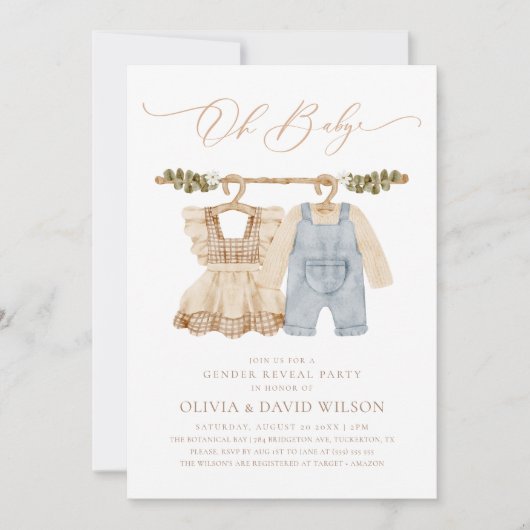 赤ちゃん服の水の色素朴性別の表示 招待状 (正面)