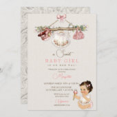赤ちゃん服ガールベビーシャワーアイボリーピンク 招待状 (正面/裏面)