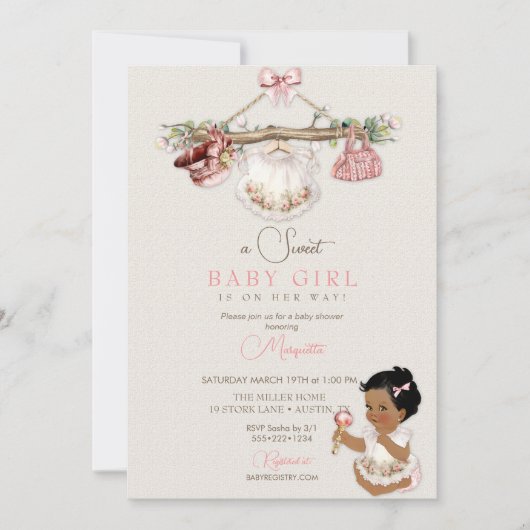 赤ちゃん服ガールベビーシャワーアイボリーピンク 招待状 (正面)