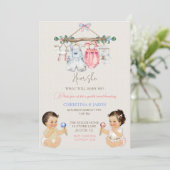 赤ちゃん服ジェンダー明らかにアイボリーピンクブルー 招待状 (スタンド正面)