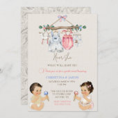 赤ちゃん服ジェンダー明らかにアイボリーピンクブルー 招待状 (正面/裏面)