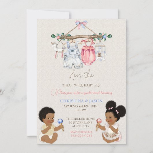 赤ちゃん服ジェンダー明らかにアイボリーピンクブルー 招待状 (正面)