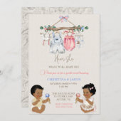 赤ちゃん服ジェンダー明らかにアイボリーピンクブルー 招待状 (正面/裏面)