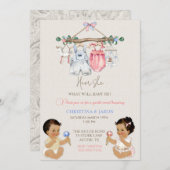 赤ちゃん服ジェンダー明らかにアイボリーピンクブルー 招待状 (正面/裏面)