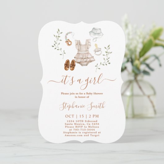 赤ちゃん服ベビーシャワー少女の招待 招待状 (スタンド正面)