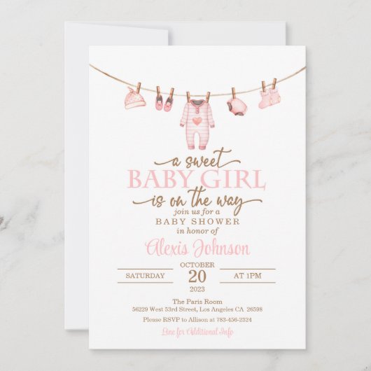 赤ちゃん服ベビーシャワー招待状 – ピンク 招待状 (正面)