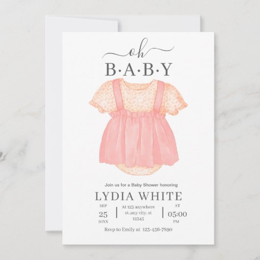 赤ちゃん服ベビーシャワー招待状、女の子ベビーシャワー 招待状 (正面)
