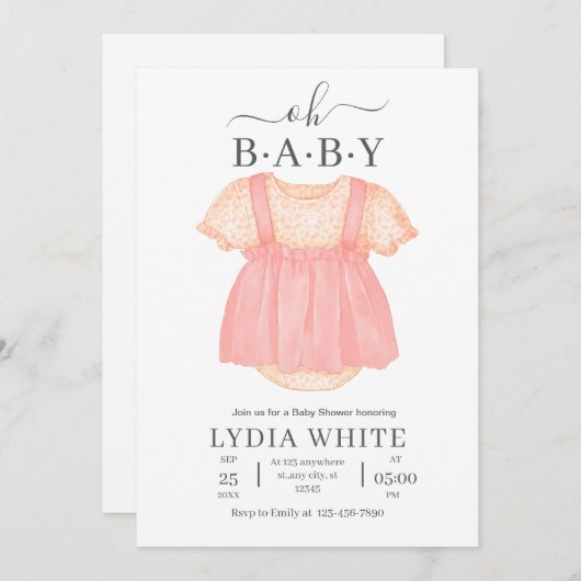 赤ちゃん服ベビーシャワー招待状、女の子ベビーシャワー 招待状 (正面/裏面)
