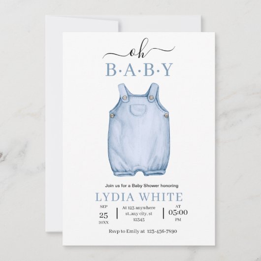 赤ちゃん服ベビーシャワー招待状、男の子シャワー 招待状 (正面)