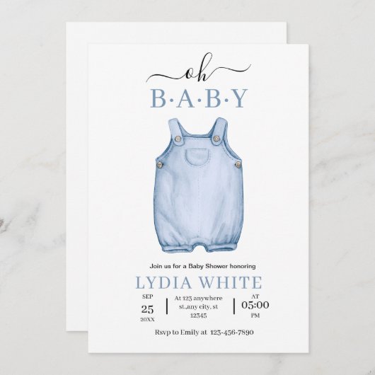 赤ちゃん服ベビーシャワー招待状、男の子シャワー 招待状 (正面/裏面)