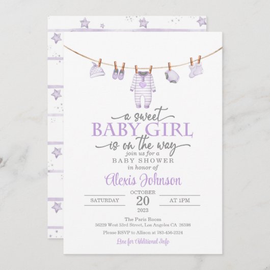 赤ちゃん服ベビーシャワー招待状 – 紫 招待状 (正面/裏面)