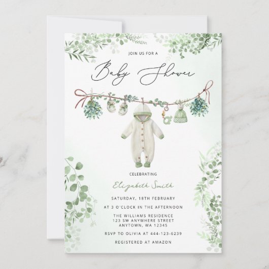 赤ちゃん服Bohoセージ緑の赤ちゃんシャワー 招待状 (正面)