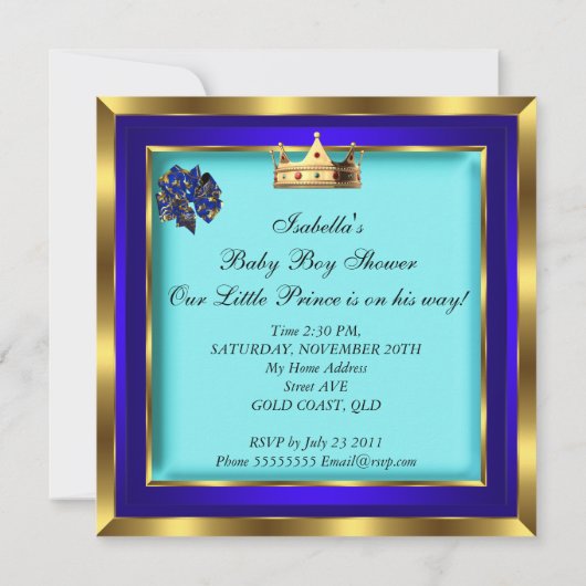 赤ちゃん王室のシャワー青金ゴールド少年の王子様2 招待状 (裏面)