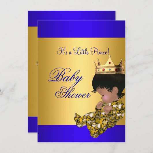 赤ちゃん王室のシャワー青金ゴールド少年の王子様 招待状 (正面/裏面)