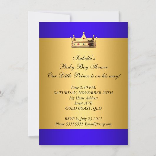 赤ちゃん王室のシャワー青金ゴールド少年の王子様 招待状 (裏面)