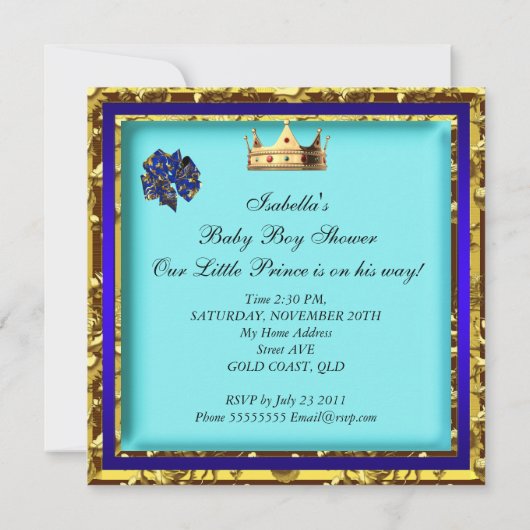 赤ちゃん王室のシャワー青金ゴールド少年の王子様 招待状 (裏面)