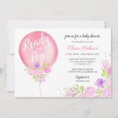 赤ちゃん用のピンク色のフローラポップ・アートの風船 招待状 (正面)