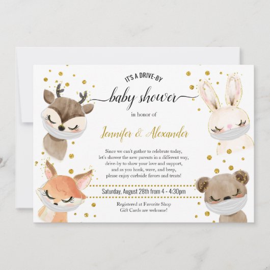 赤ちゃん用の洗面マスク付き動物の車によるシャワー 招待状 (正面)