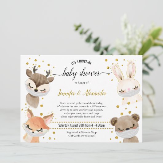 赤ちゃん用の洗面マスク付き動物の車によるシャワー 招待状 (スタンド正面)