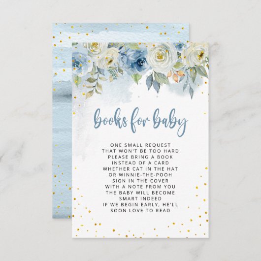 赤ちゃん用キラキラ金付き青い白い花 招待状 (正面/裏面)