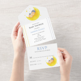 赤ちゃん男の子と月のベビーシャワー オールインワン招待状