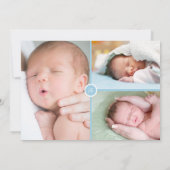 赤ちゃん男の子の写真 モノグラム 青いスクリプト 誕生 案内状 (裏面)