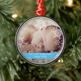 赤ちゃん男の子の初めてのクリスマス　雪の結晶　青　銀 メタルオーナメント
