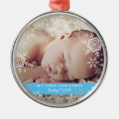 赤ちゃん男の子の初めてのクリスマス 雪の結晶 青 銀 メタルオーナメント (正面)