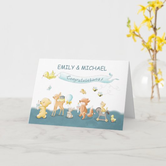 赤ちゃん男の子の動物パレード グループからお祝いメッセージ カード (黄色い花)