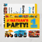 赤ちゃん男の子の建設トラック１歳の誕生日パーティー 招待状 (正面/裏面)
