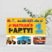 赤ちゃん男の子の建設トラック１歳の誕生日パーティー 招待状 (スタンド正面)
